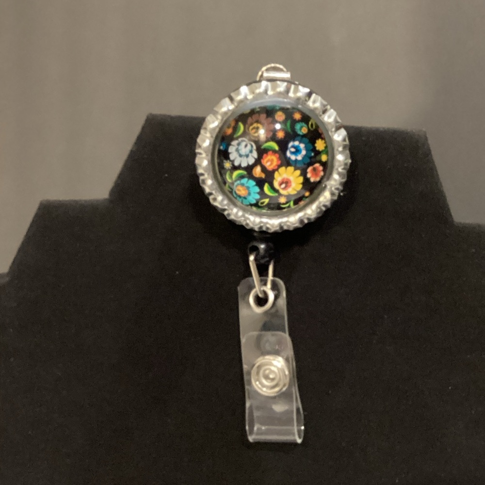 Floral Bottle Cap Retractable Badge Reel - Black Multicolor Flowers